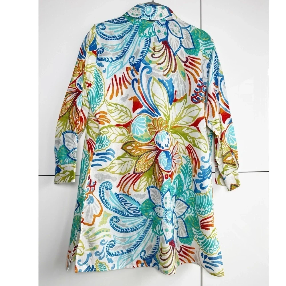 Chico’s Linen Blend Tunic Top Size 1 (Medium) Tropical Print Button Front Resort - Picture 5 of 7